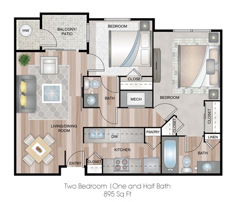 Floor plan for 2 beds, 1.5 baths, 895 sqft